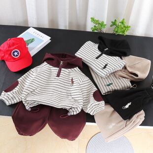 男童春装套装2026新款婴儿童春秋条纹带帽卫衣两件套男宝宝帅气潮