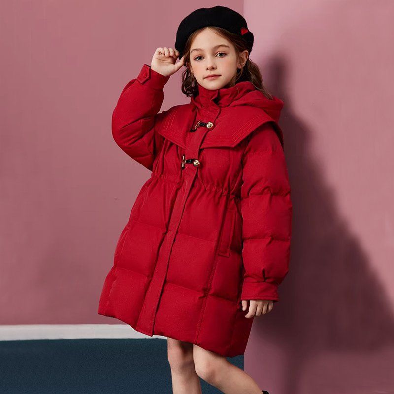 女童2024新款冬季羽绒棉服红色过