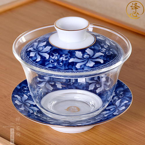 陶瓷玻璃盖碗 绿茶白茶铁观音 单个 耐热加厚锤纹 青花缠枝莲牡丹