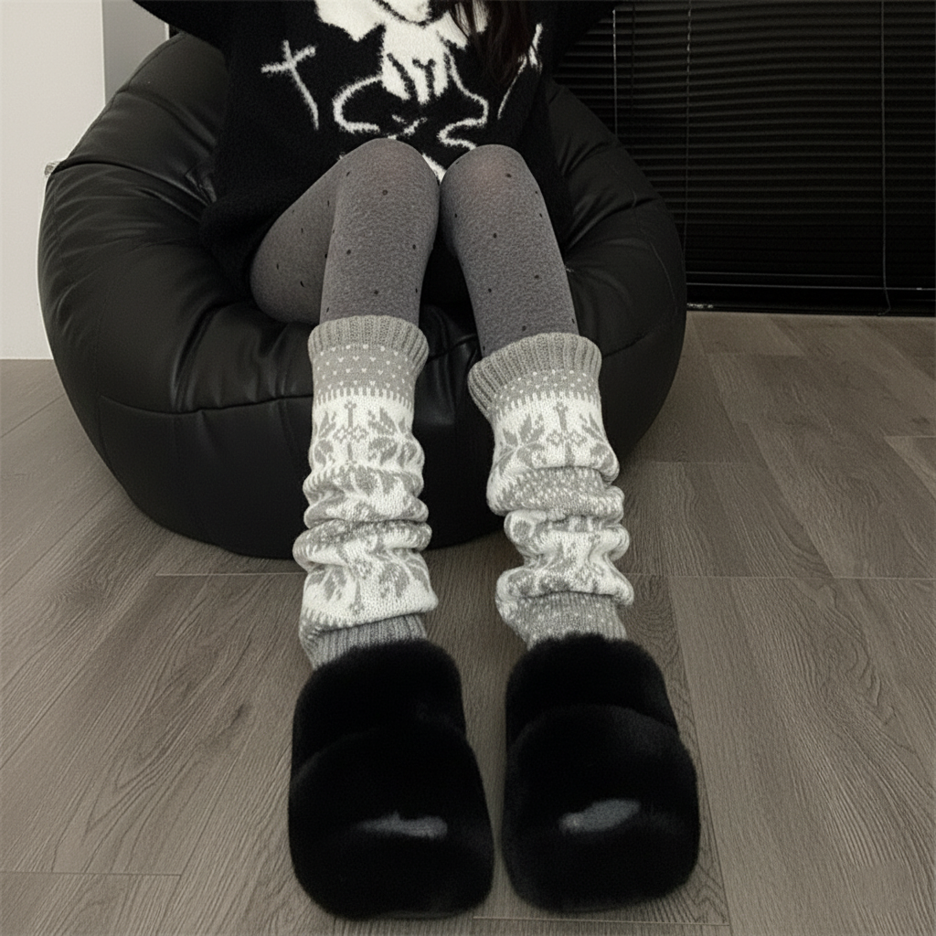 针织袜套女秋冬保暖叠穿圣诞学院风加厚小腿袜韩系欧美雪花堆堆袜