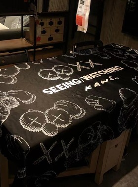 ins风黑色潮流芝麻街kaws卡通桌布男生卧室家用书桌布餐桌布