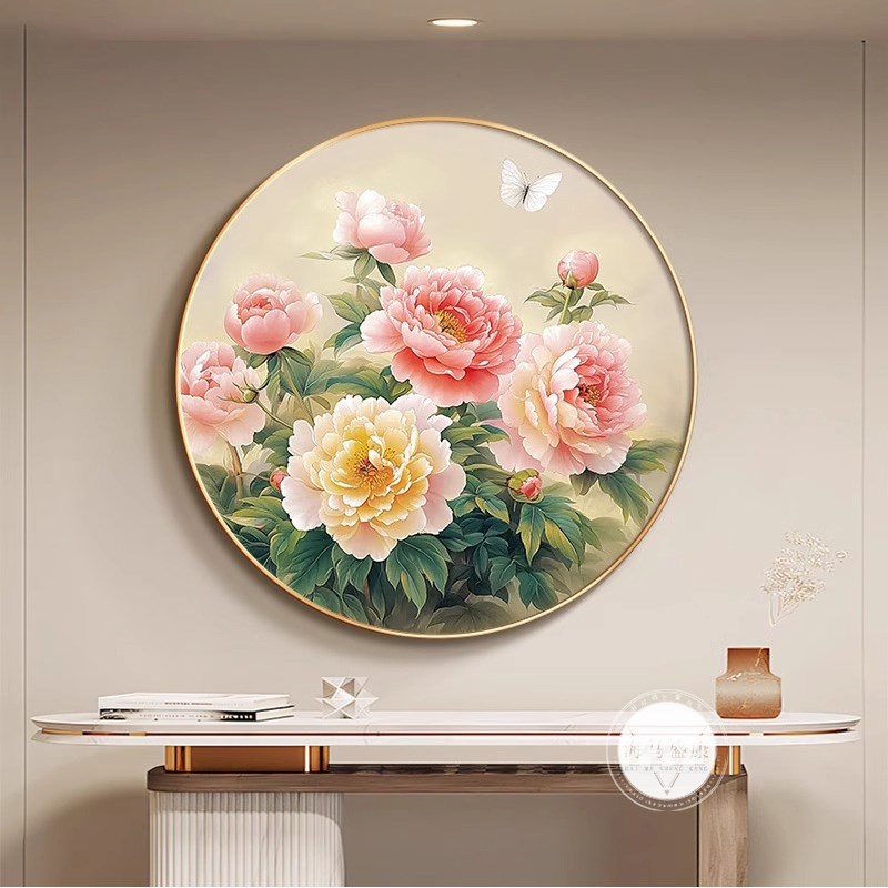 花开富贵玄关挂画牡丹花新中式圆形装饰画高档走廊过道背景墙壁画图片