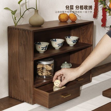黑胡桃木桌面收纳柜餐边柜多层茶具杯子中式实木收纳架台面博古架