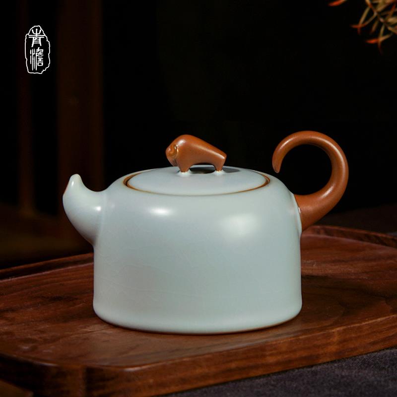 汝窑井栏壶陶瓷单壶开片可养景德镇茶壶泡茶家用复古汝瓷礼品青瓷