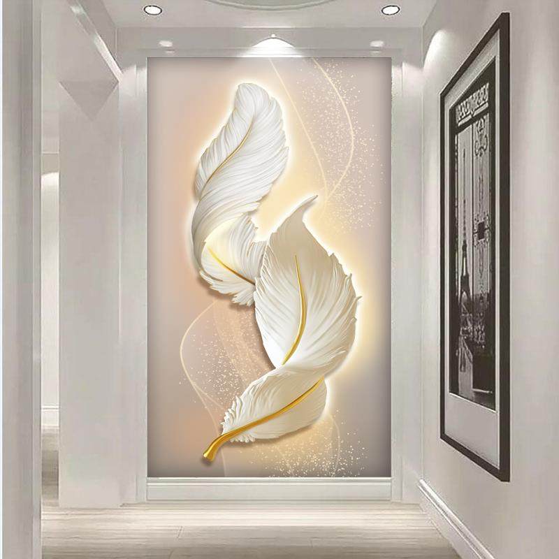 现代3D立体羽毛玄关壁纸壁画过道墙纸客厅背景墙简约装饰画8d墙布