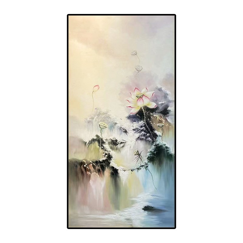 新中式油画纯手绘牡丹花卉入户玄关高端别墅走廊装饰画竖版挂画图片