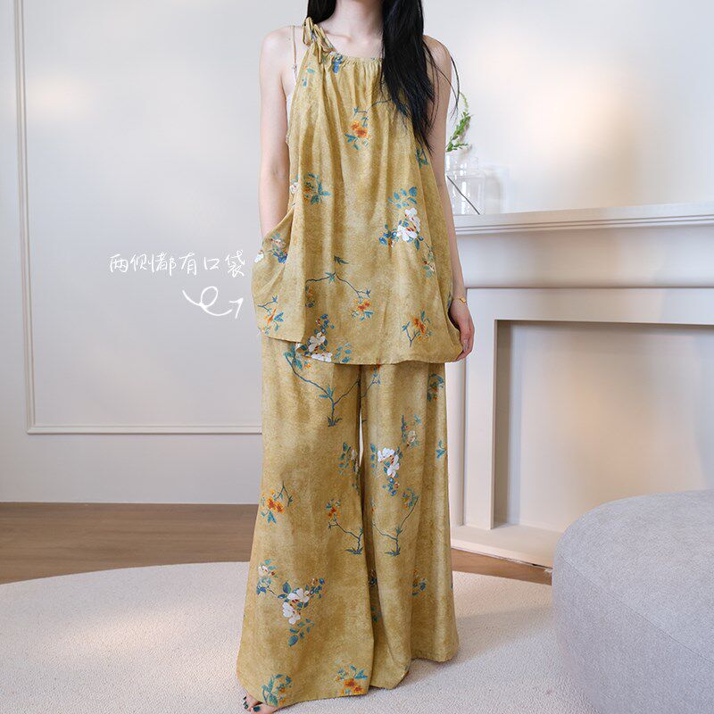 吊带裙裤睡衣女夏季棉绸新中式国风高级感可外穿家居服薄款套装薄