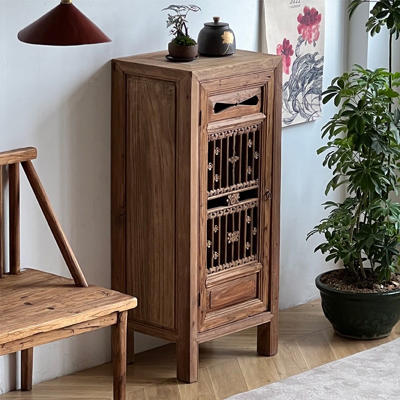 侘寂风实木收纳柜储物中式老榆木花窗柜子客厅电视柜边柜民宿装饰