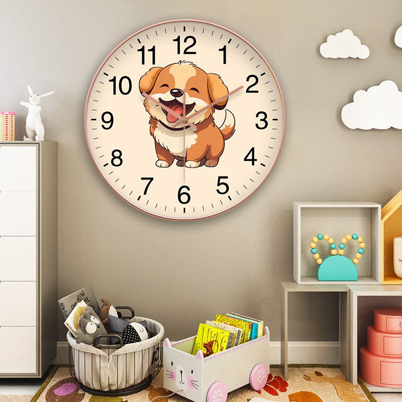 卡通小狗可爱挂钟 客厅石英钟简约时尚静音钟家用电波时钟挂表钟