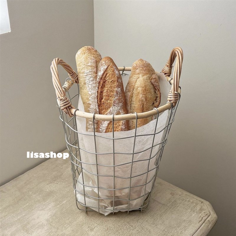 Lisashop简约铁艺网格收纳篮藤条铁丝编织储物筐纯手工手提置物篮