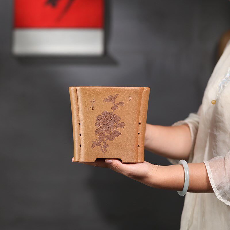 清香阁紫砂 降坡泥海棠口花盆 手工古典长方君子兰盆桌面绿植花器