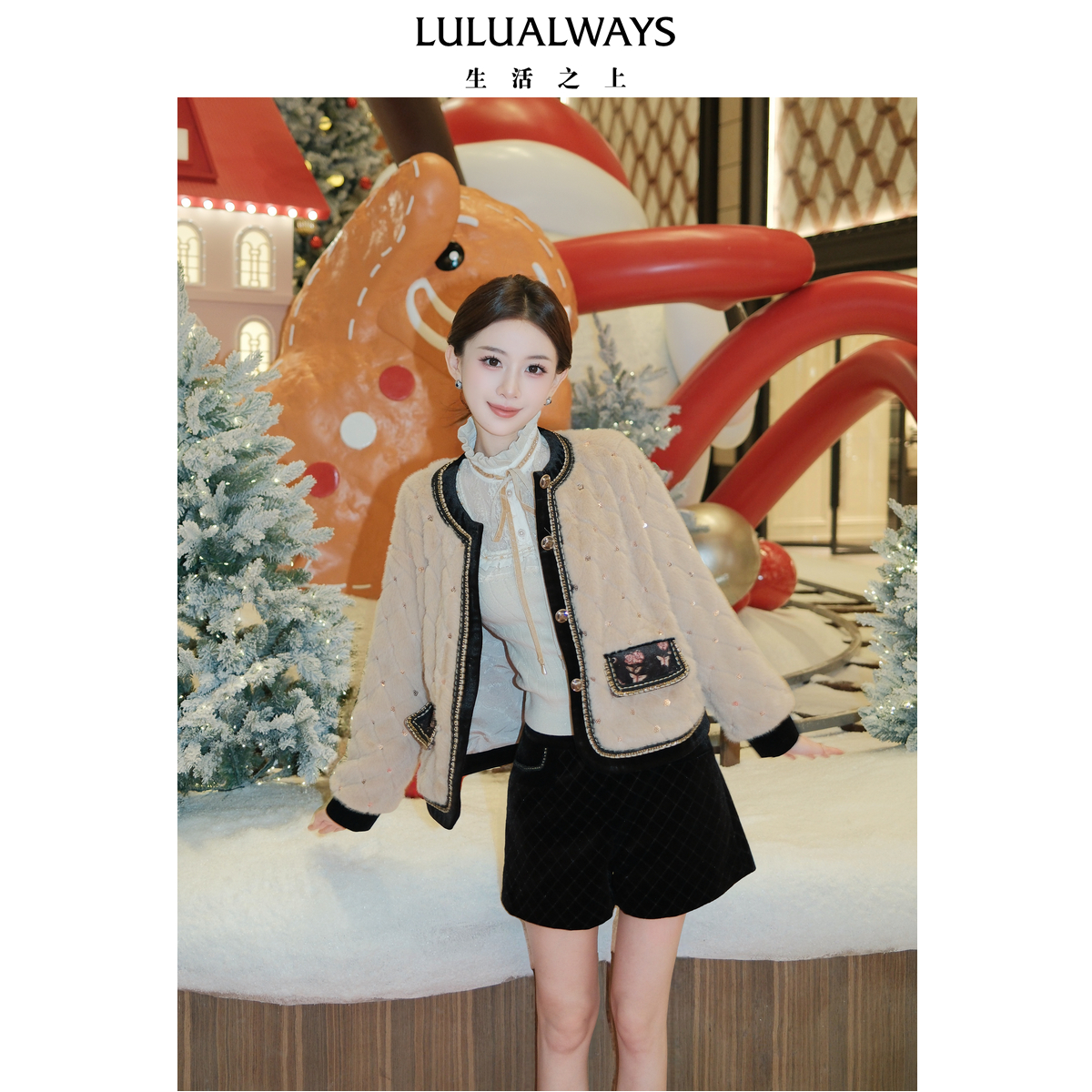 LULUALWAYS【商场同款】25冬季新款优雅保暖米色丝绒拼接毛毛外套