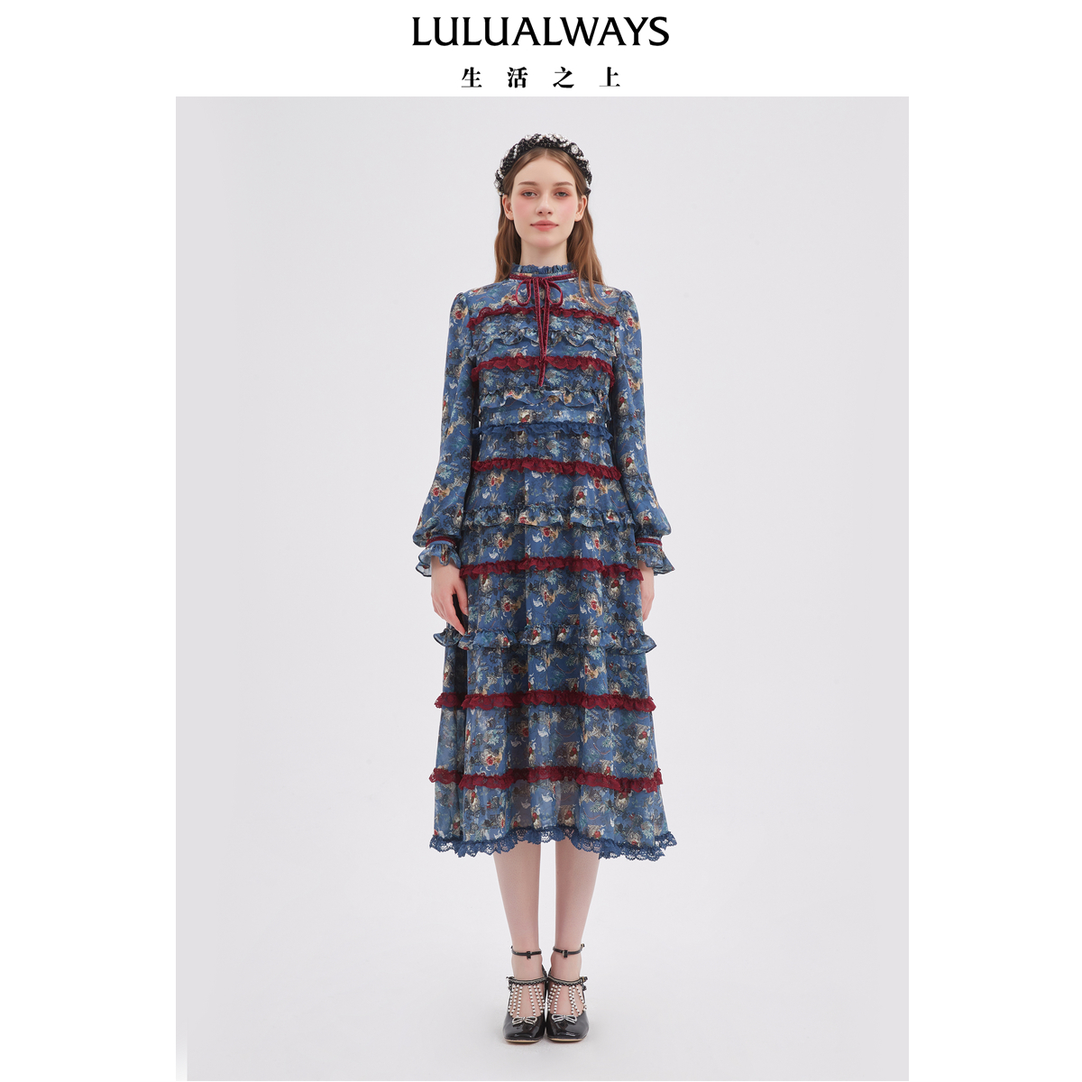 LULUALWAYS我爱露露25秋季新款复古优雅田园碎花长袖蛋糕裙连衣裙