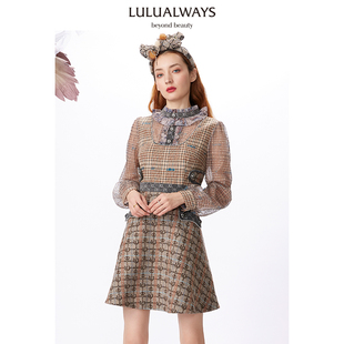 连衣裙 复古精致拼接格子提花网纱收腰短款 LULUALWAYS 商场同款