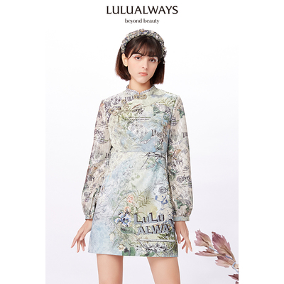 复古气质宽松印花拼接连衣裙