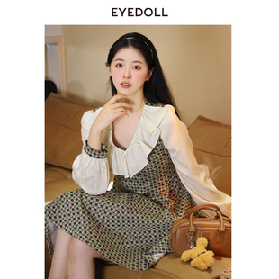 连衣裙 EYEDOLL温柔气质少女花边V领短款 奥莱