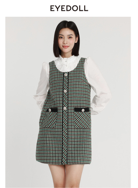 【奥莱】EYEDOLL简约通勤直筒绿色毛呢短款背心连衣裙