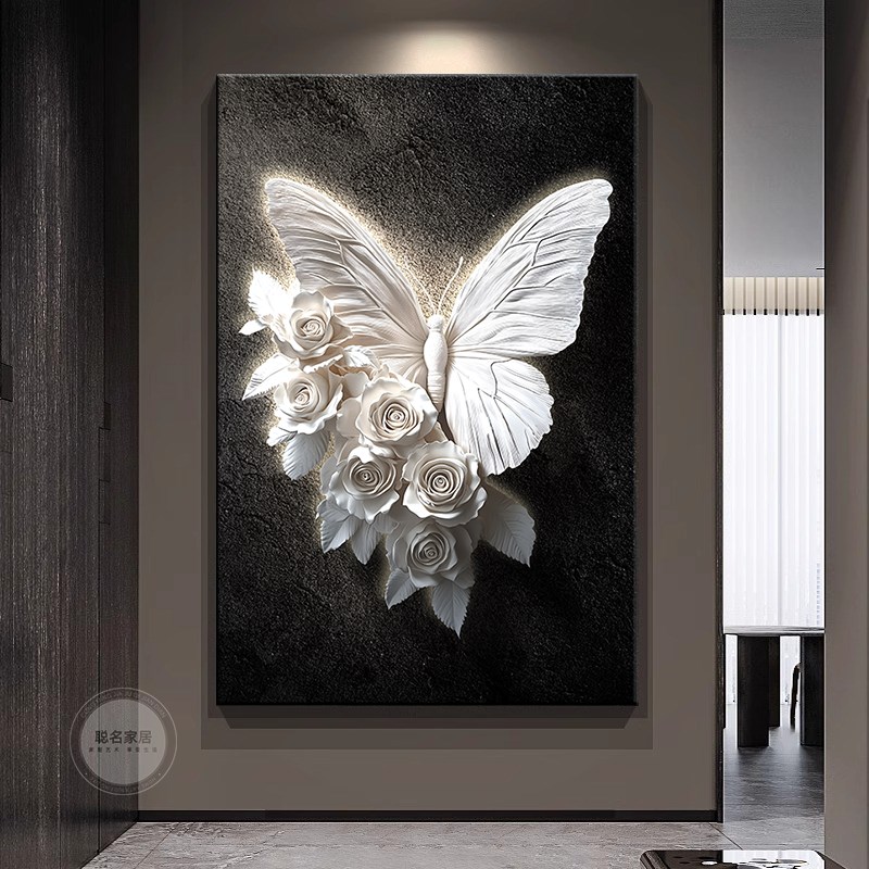 黑白蝴蝶玄关装饰画浮雕立体感沙发背景墙挂画高档大气客厅落地画图片