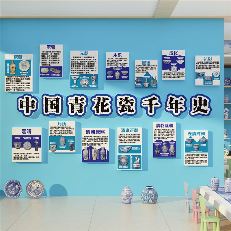 青花瓷环创材料主题成品幼儿园墙面装饰中国非遗场景传统文化布置图片