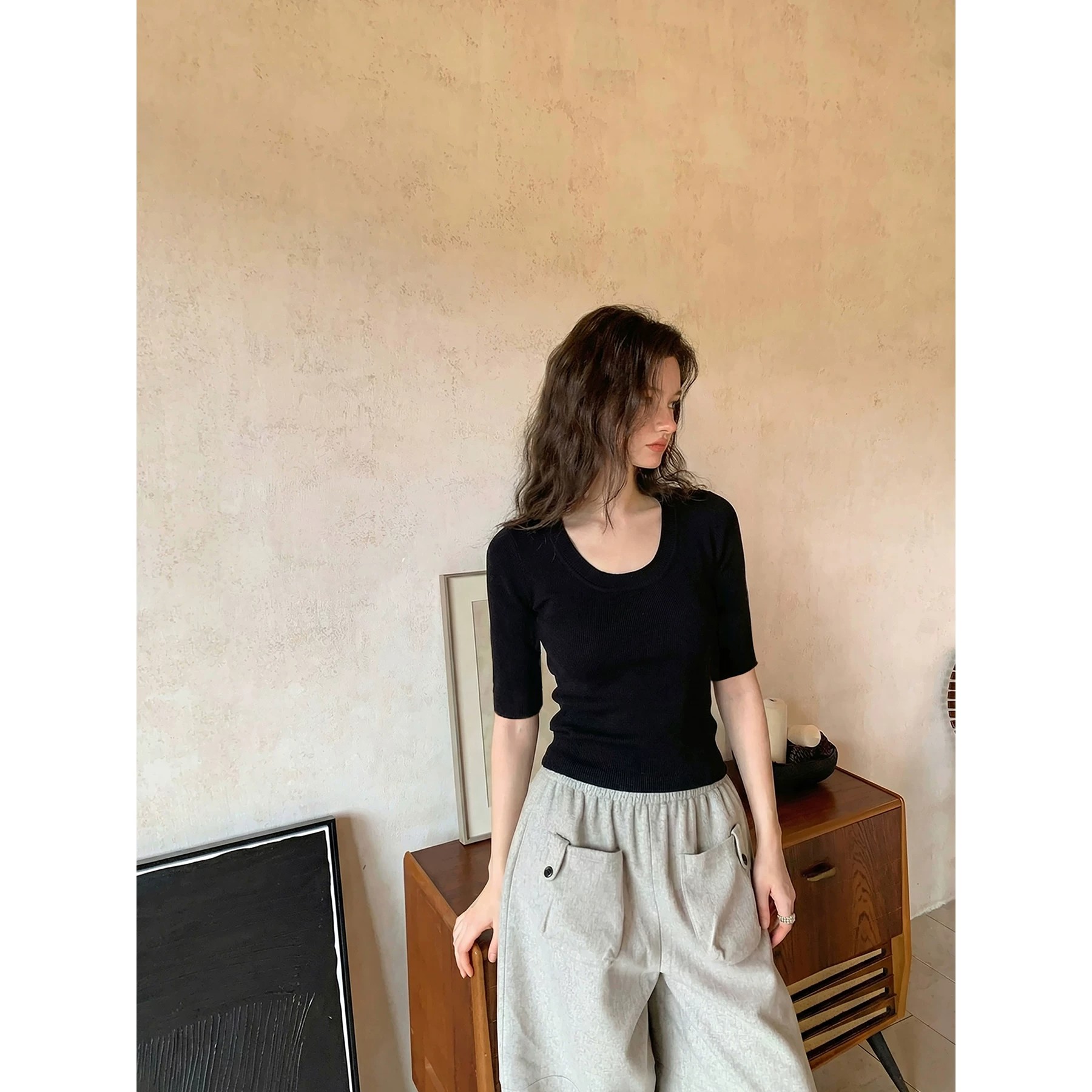正肩半袖纯色上衣女夏季U领