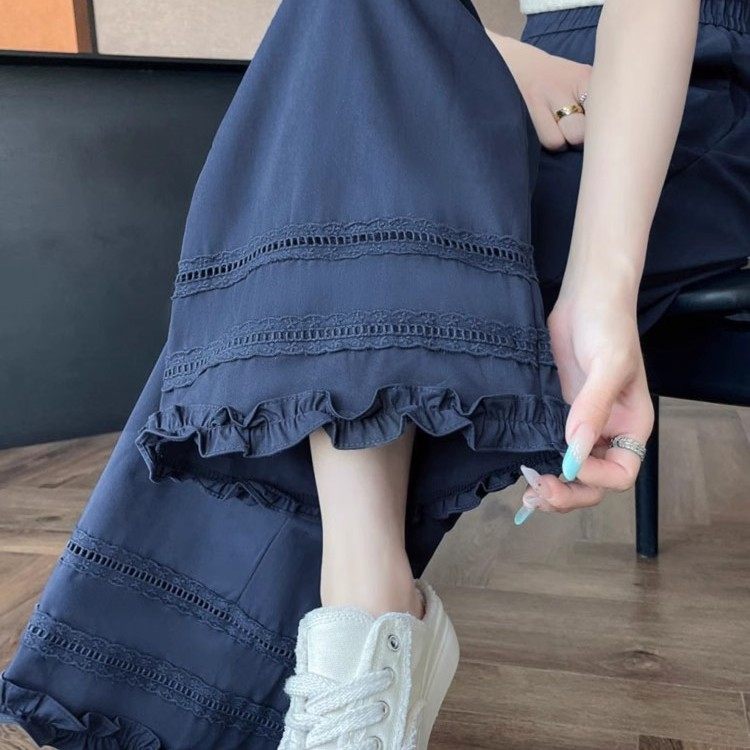 藏蓝色蕾丝花边冰丝阔腿裤女夏季2026新款小个子镂空宽松山本裤子