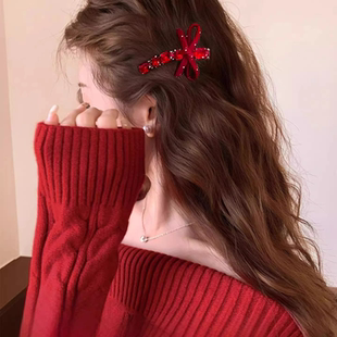 红色蝴蝶结水钻发夹高级感侧边夹气质发卡头饰2506新年氛围感发饰