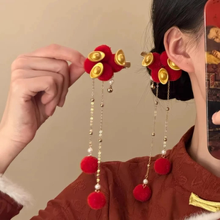 新年金元宝毛绒流苏红色发夹女春节拜年发饰喜庆氛围感头饰