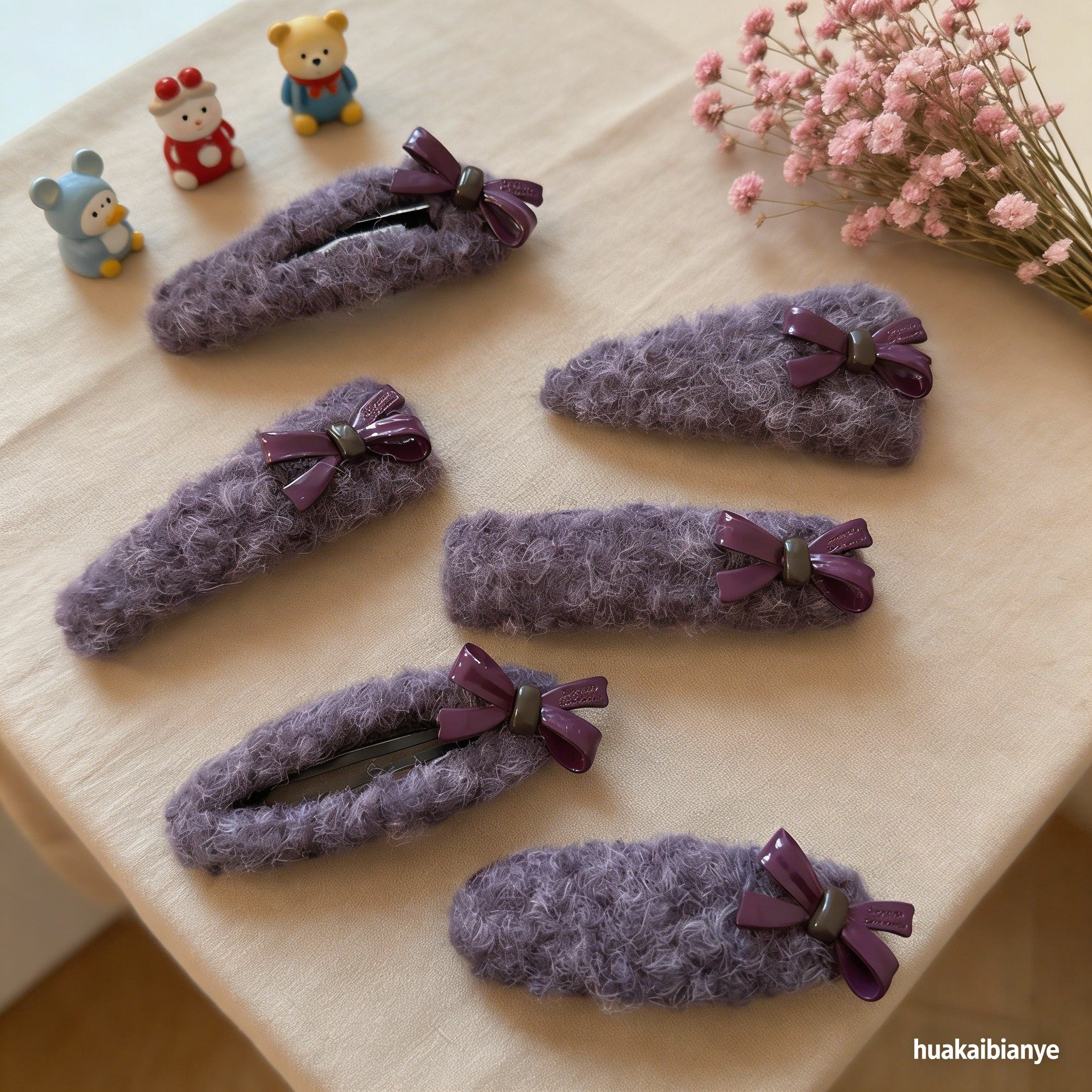 韩系新款紫色羊羔毛蝴蝶结发夹刘海夹碎发边夹气质百搭侧边夹发卡