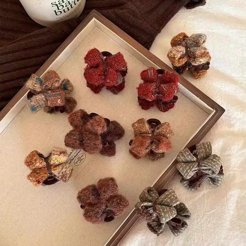 氛围感秋冬小抓夹毛绒针织蝴蝶结发夹迷盘发你鲨鱼夹晕染毛呢发饰