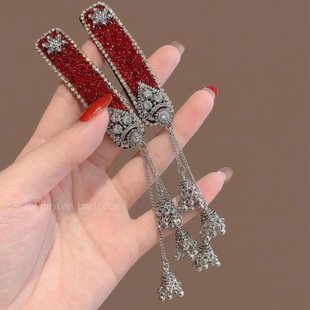 新中式民族风蒙古铃铛流苏发夹红色发饰bb夹刘海夹发卡高级感头饰