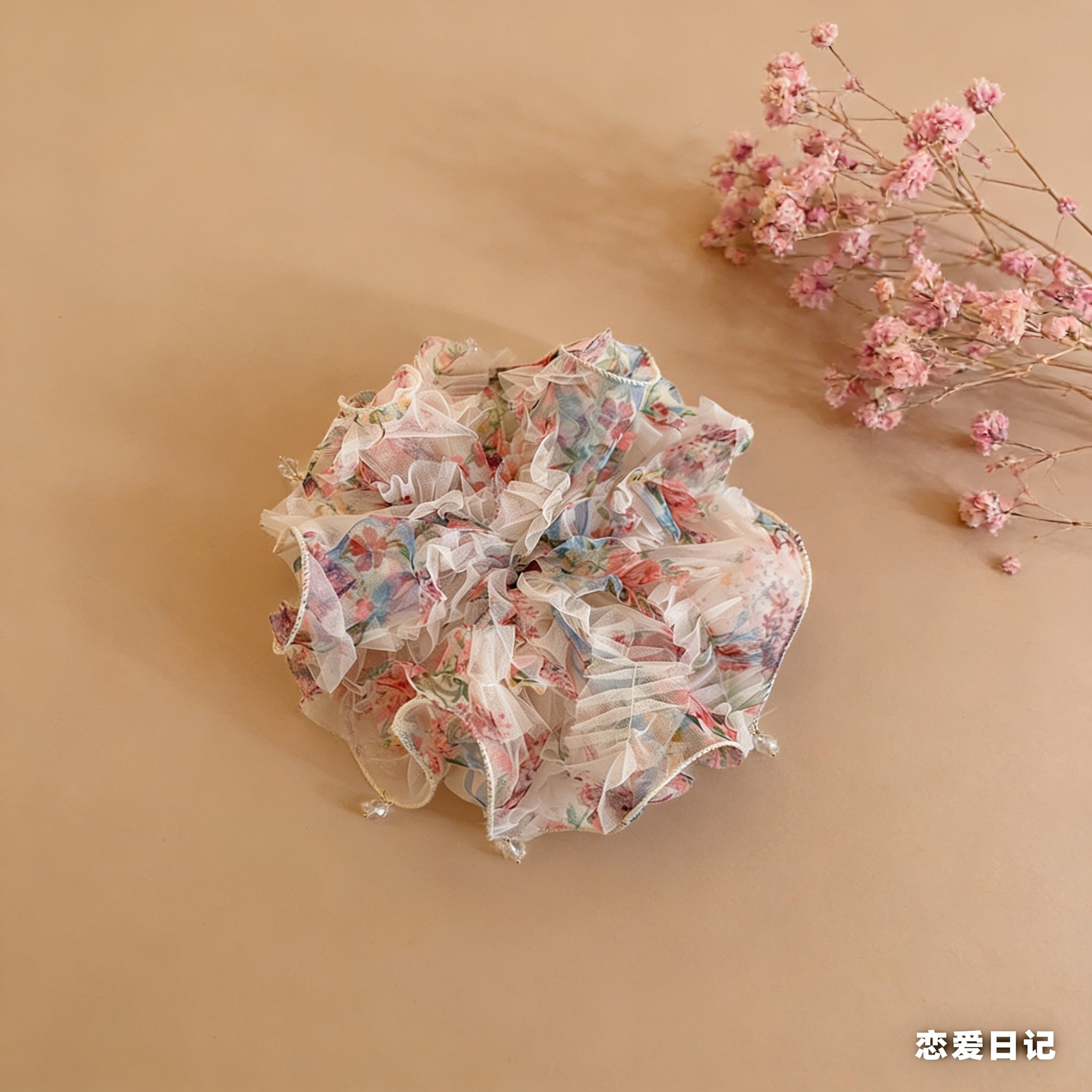 名狐粉色碎花网纱大肠发圈甜美