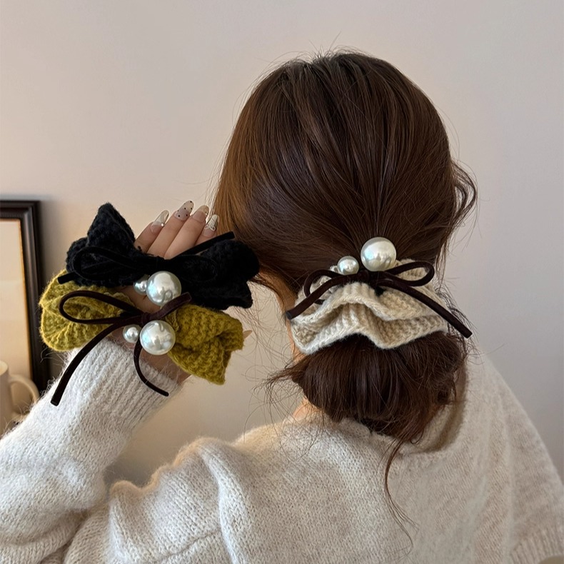 韩系复古珍珠毛线大肠发圈简约