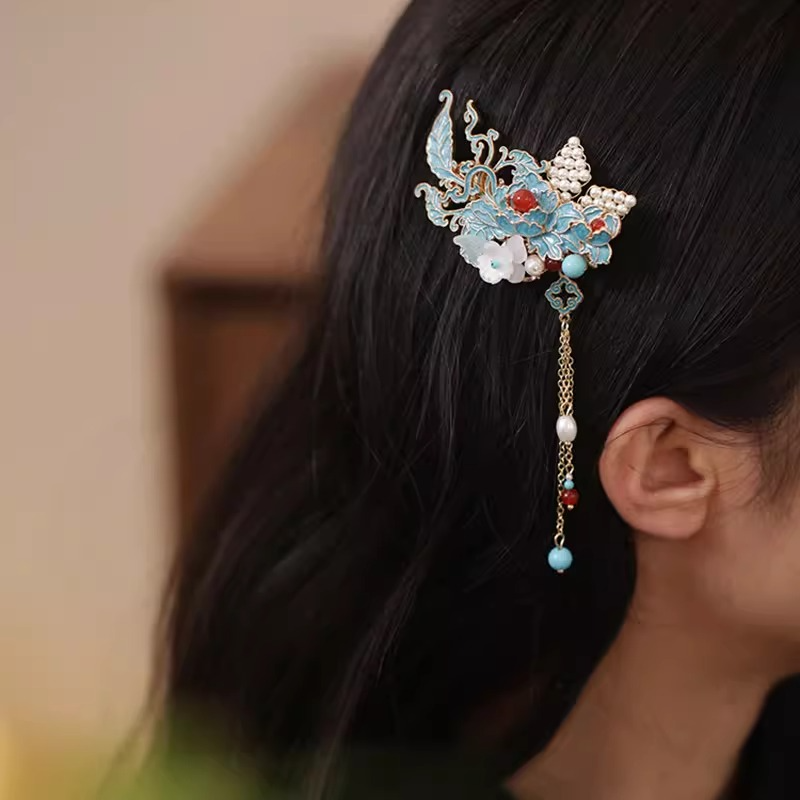 新中式古典烧蓝流苏发夹步摇头饰侧边夹国风雅致发饰旗袍汉服配饰,饰品/流行首饰/时尚饰品新,发饰,淘宝优惠券,粉丝福利购,淘宝优惠卷