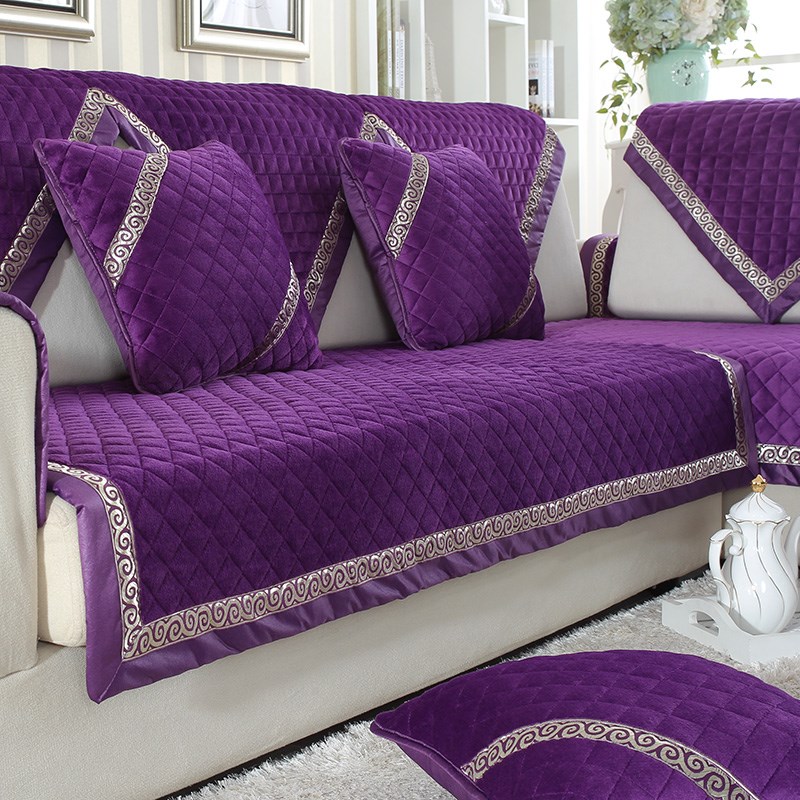 短毛绒沙发垫四季通用紫色防滑垫简约现代客厅靠背垫扶手巾腰枕套