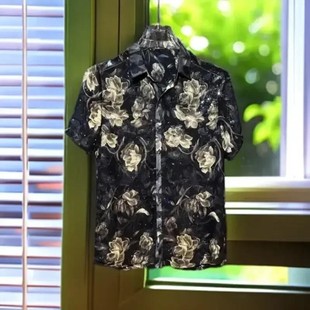 SKS轻奢高奢欧货2025男英伦雅痞风格 Q扎染夏薄款 翻领印花短袖 衬衫