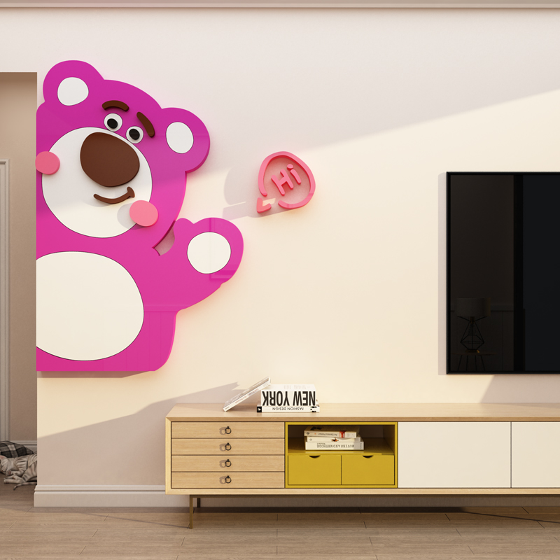 儿童房间布置卧室装饰品床头草莓熊电视背景墙面自粘电梯门贴纸画