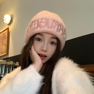 西本韩国ins粉色针织帽子w女秋冬季字母保暖毛线帽显脸小护耳冷帽