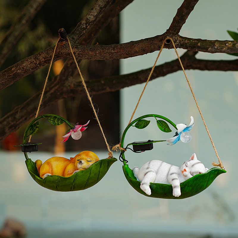 庭院花园布e置摆件创意户外可爱动物秋千树上挂件太阳能灯装饰造
