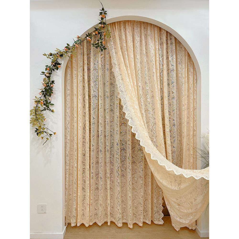 法式轻奢奶咖色蕾丝交叉纱帘透光不透人卧室ins风高级感飘窗纱幔,居家布艺,门帘,淘宝优惠券,粉丝福利购,淘宝优惠卷