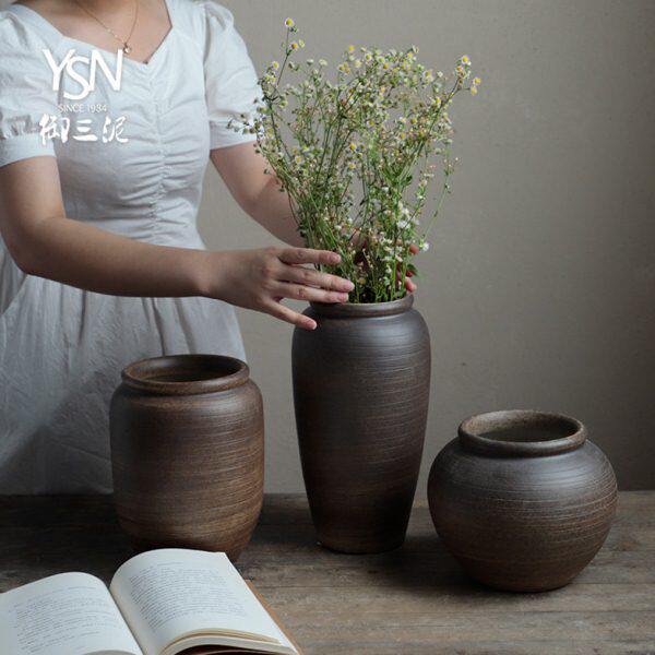 御三泥客厅插花装饰摆件手工粗陶台面陶罐子干花小花盆花瓶禅意