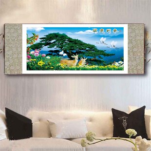 丝绸卷轴画鹿鹤同春挂画横幅贺寿祝寿图礼品年画现代中式壁画