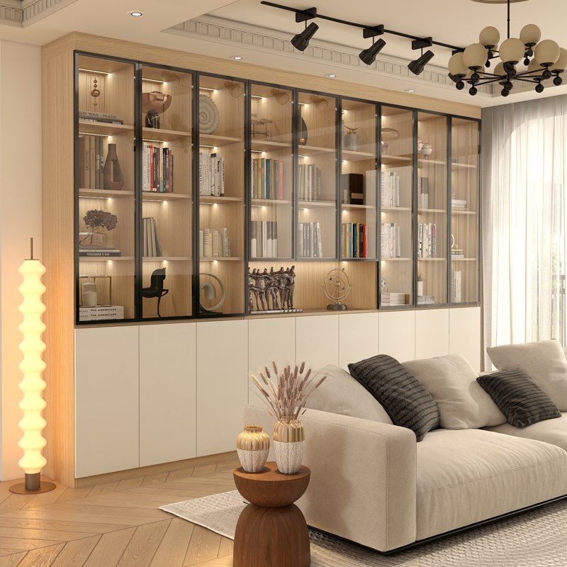 满墙书柜一体整墙实木书橱客厅沙发后面置物柜靠墙书架带门展示柜