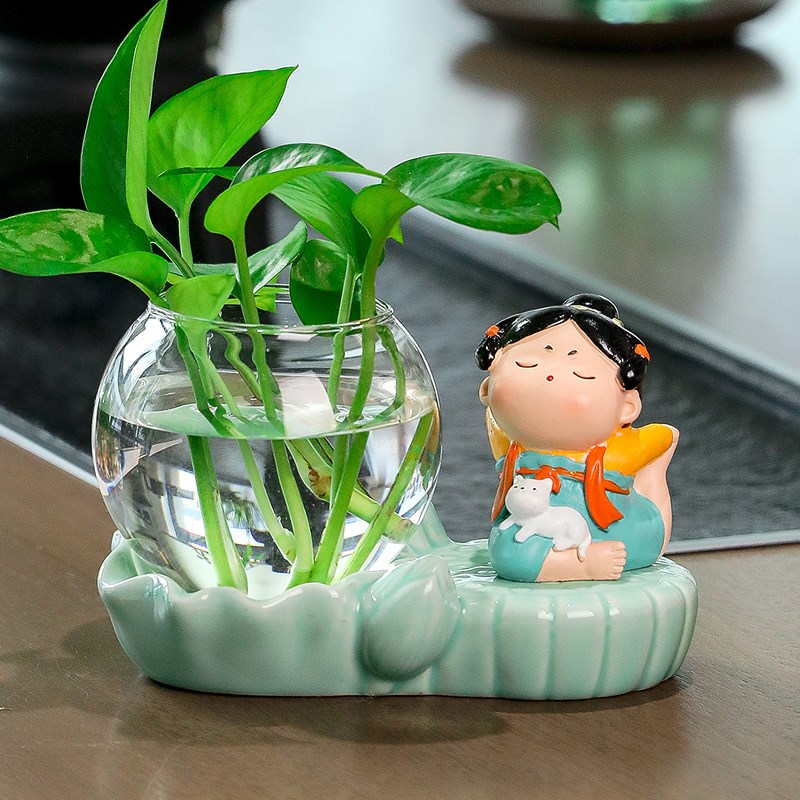 可爱唐仕女创意玻璃花瓶水养绿萝客厅飘窗办公室工位桌面装饰摆件