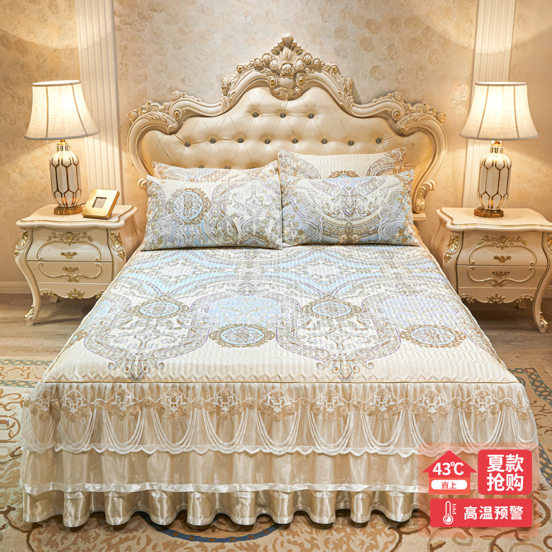 2024新款夏季欧式加厚冰丝凉席三件套夏天可机洗床笠床裙款软席子