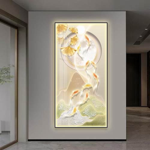 九鱼图玄关装饰画 画高档入户轻奢LED灯壁画 画现代走廊过道好寓