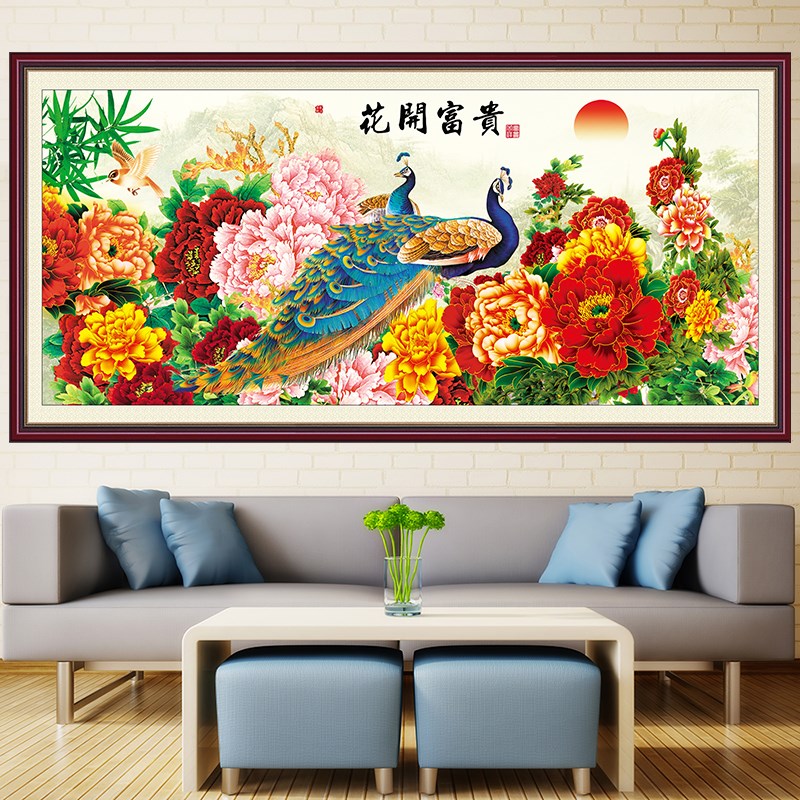 花开富贵壁画中式山水国画孔雀牡丹自粘油画布书房客厅背景装饰画图片