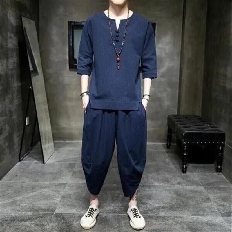 VINSAME3亚麻男短袖t恤中国风男装中式棉麻套装佛系唐装汉服禅服