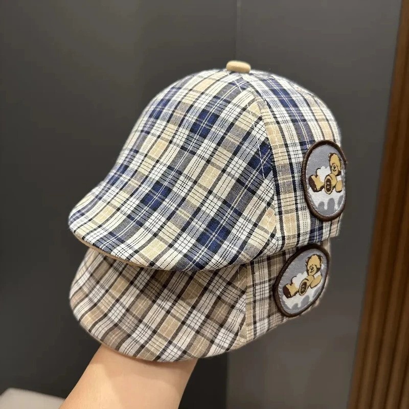 鑫鼎融生活坊1英伦复古格纹小熊贴布儿童贝雷帽男女宝宝画家帽