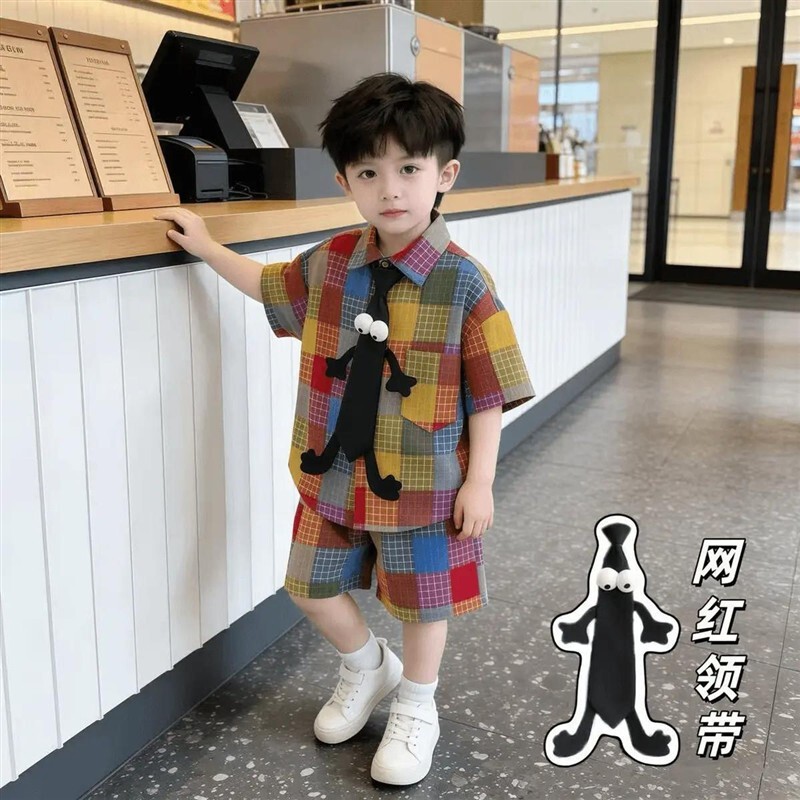 星童优选童装1男童夏季格子短袖衬衫套装儿童夏天男孩衬衣两件套
