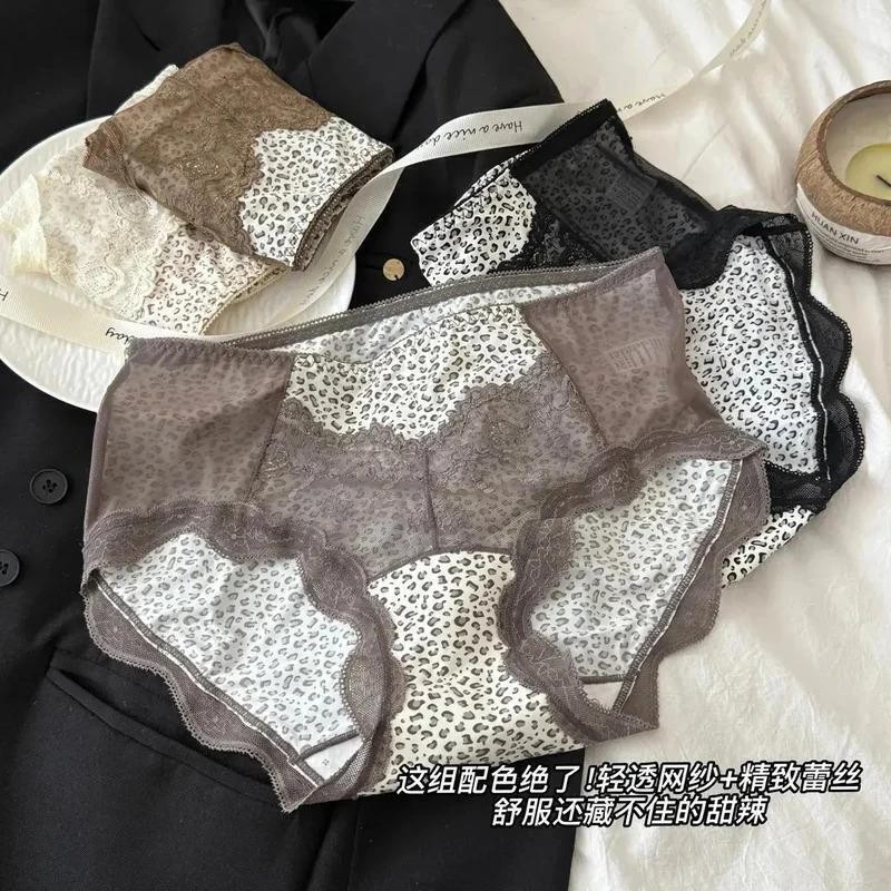 2空山臻选小铺法式时尚辣妹感蕾丝豹纹镂空中腰女内裤缎面三角裤